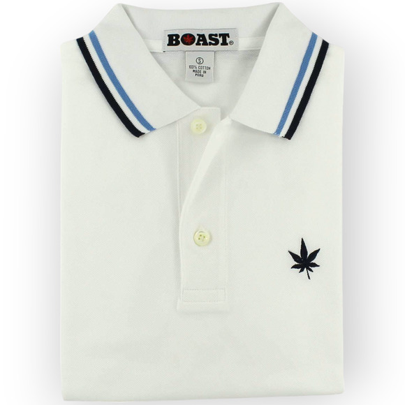 BOAST (M) Tipped Pique Polo White-Navy-Carolina Blue Cotton~Spandex Tennis - Picture 1 of 11